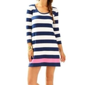 Lilly Pulitzer XS Devon A Line Dress Navy White Aquatic Stripe Pink